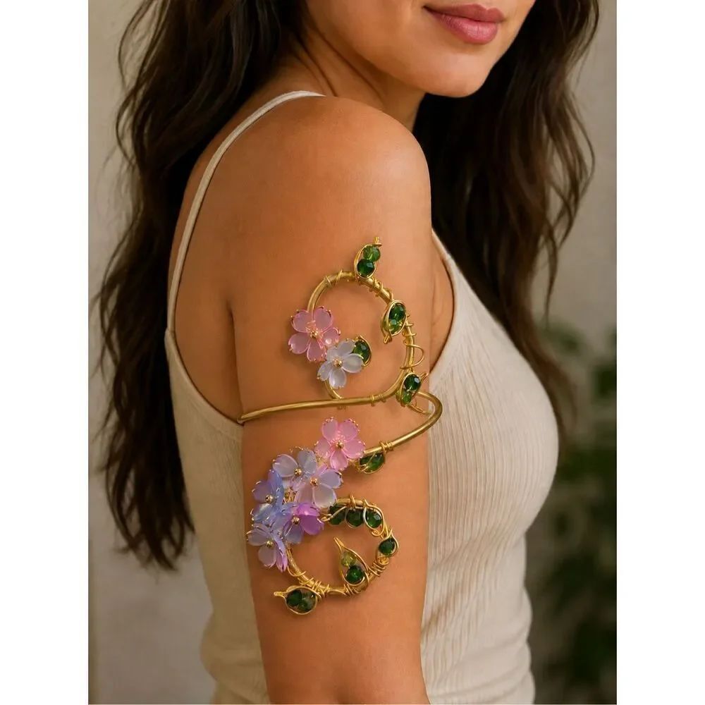 Enchanted adjustable gold tone floral arm cuff whimsical fairy core blossom flow